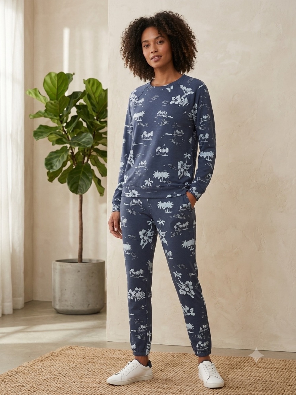 MONROW Gray Navy Blue Tropical Hawaiian Print Lounge Set Xs/Small Crew & Joggers